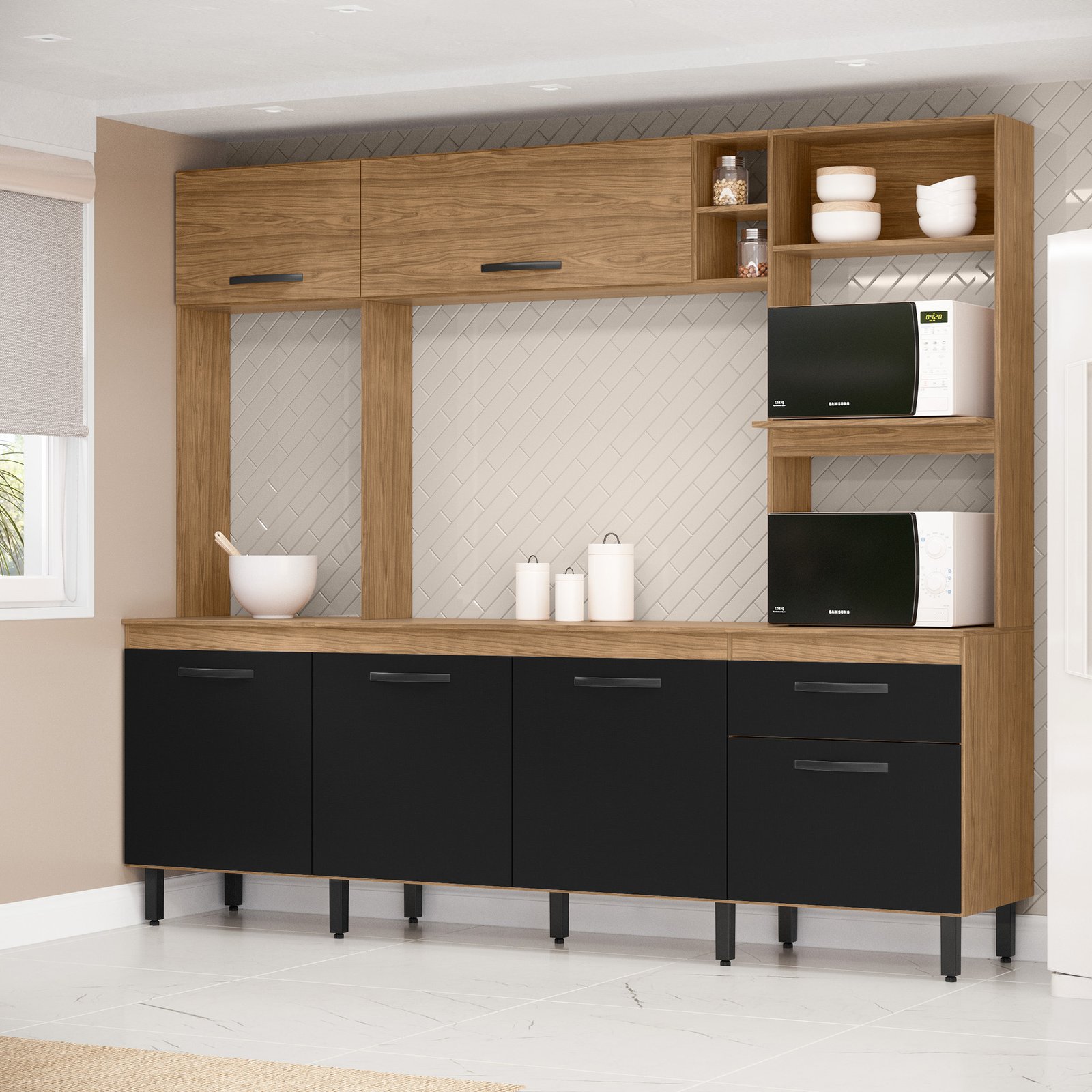 MX - Ambiente - Cozinha Zoe - Modelo 2+Tampo - Freijo + Nero (1)