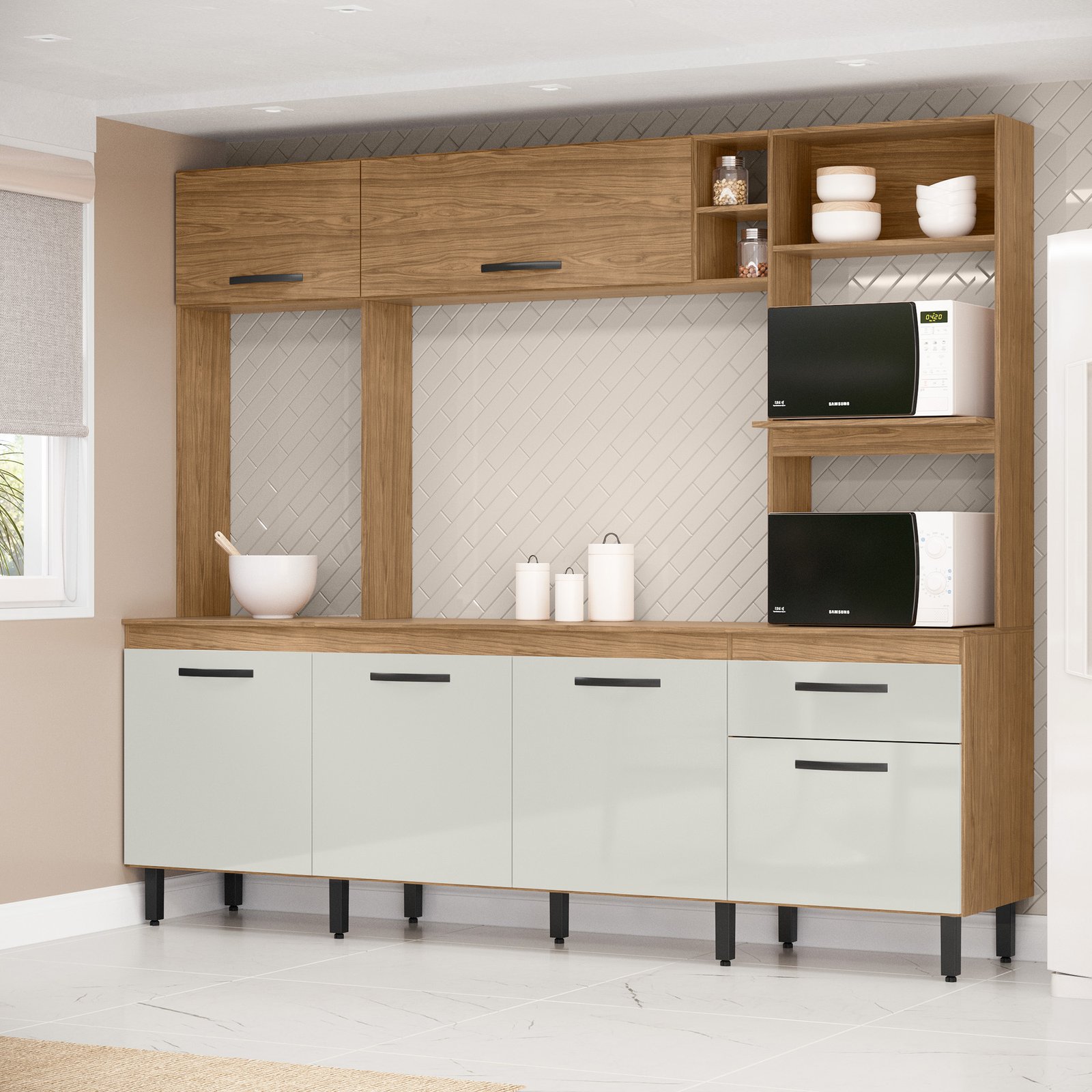 MX - Ambiente - Cozinha Zoe - Modelo 2+Tampo - Freijo + OffWhite