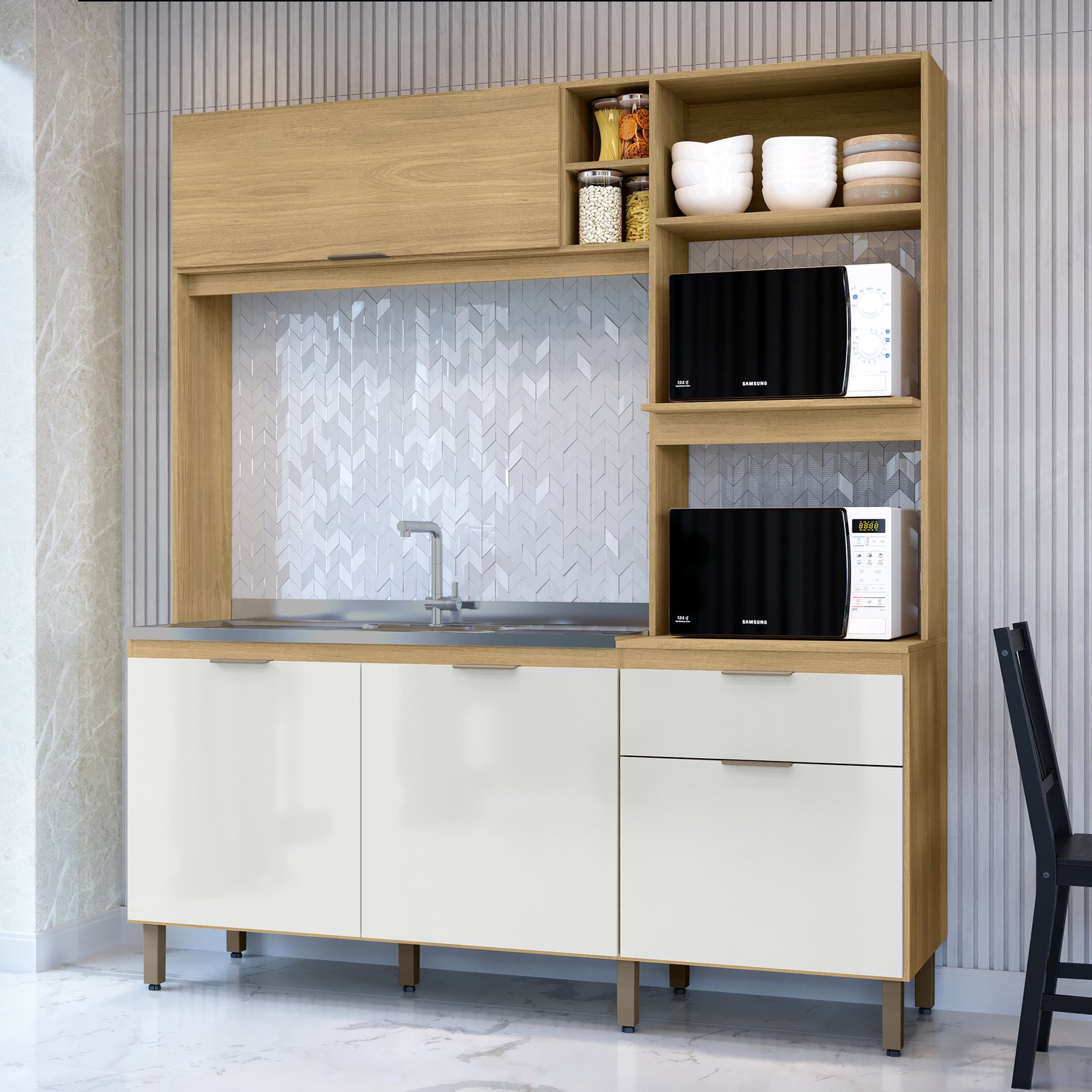 MX Móveis - Ambiente - Cozinha Cloe - Castanho+Off-White