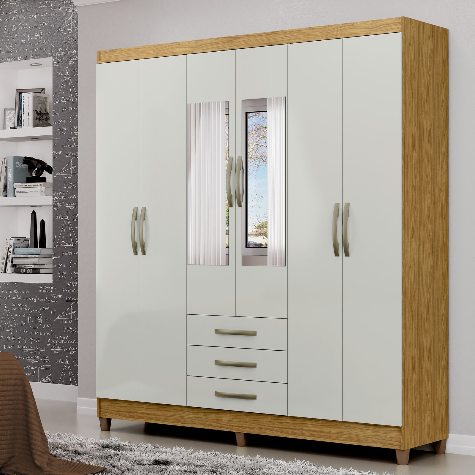 MX Moveis - Ambiente - Roupeiro Toledo 06 Portas - Marrocos+OffWhite+Espelhos