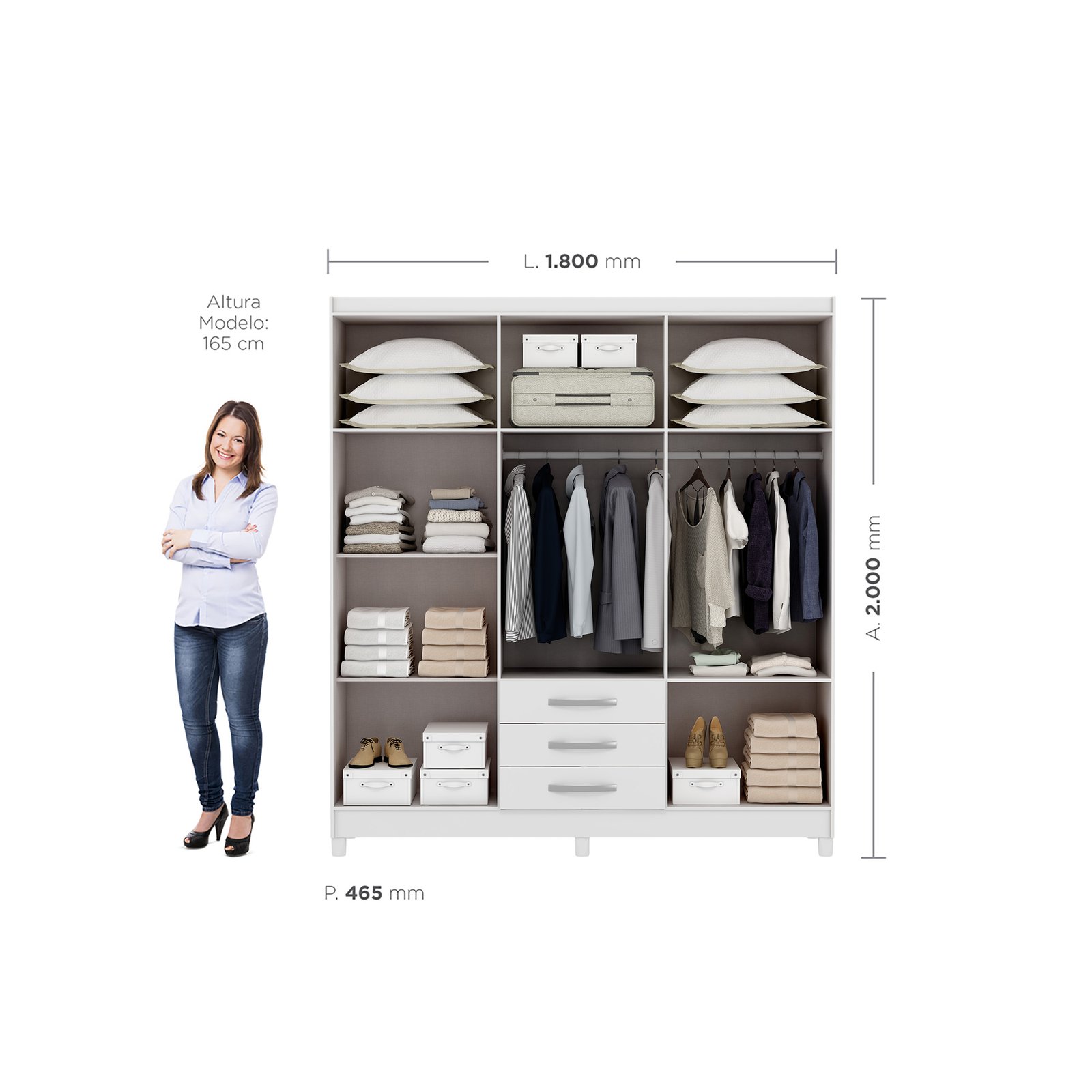 MX Moveis - Fundo Interno+Ref. Humano - Roupeiro Toledo 6P - Branco+Branco